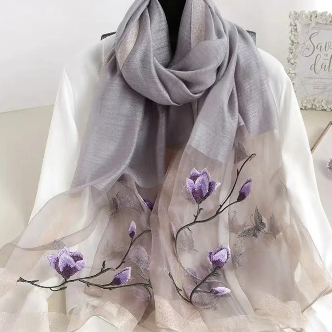 灰色玉兰花 微瑕秋冬款刺绣款桑蚕丝羊毛围巾高级丝巾披肩通用