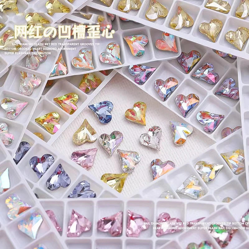 (施家同款凹槽歪心)高品渡底水晶料凹槽歪心DIY美甲钻饰品混款