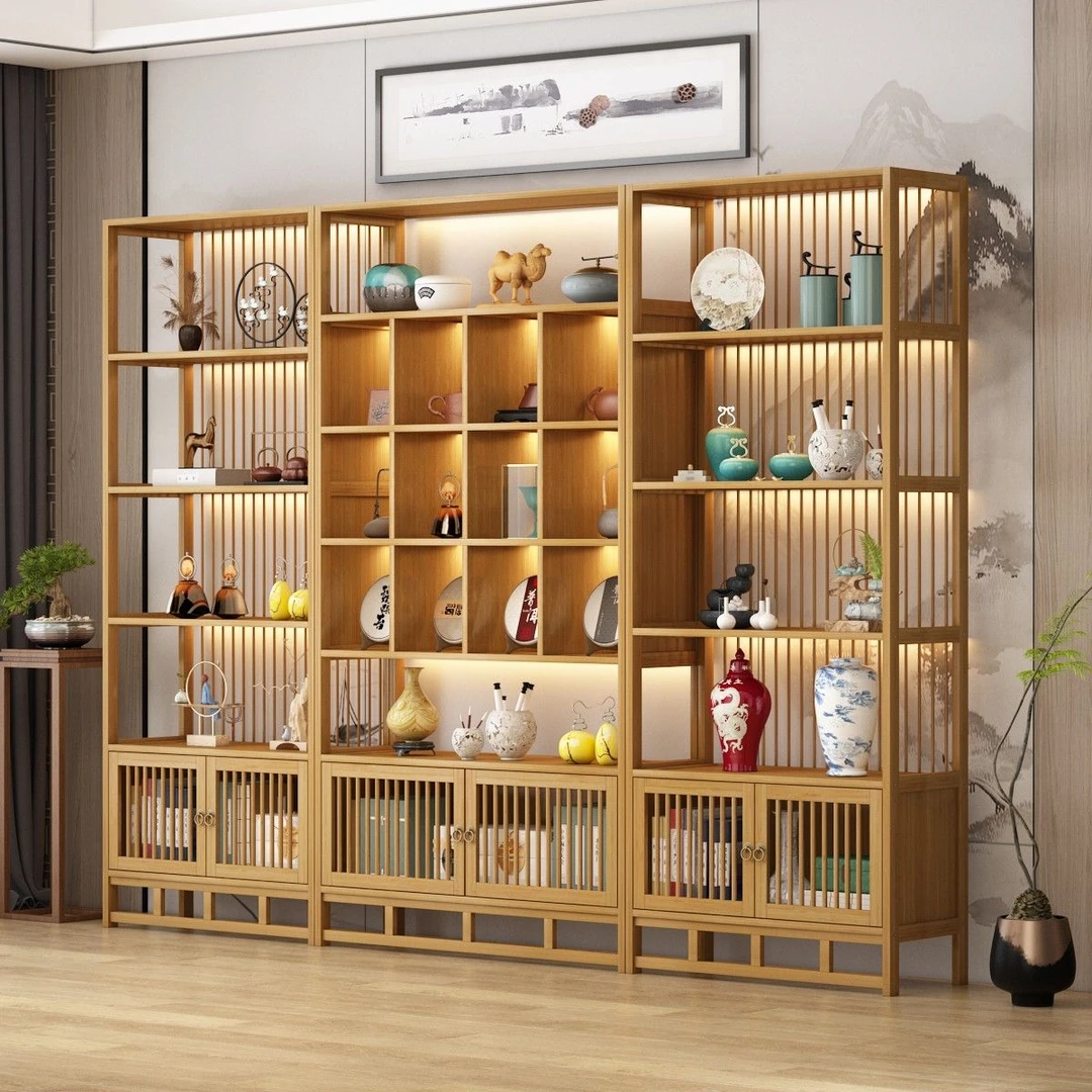新中式实木博古架茶叶展示柜新款隔断摆件茶室置物架原木色多宝阁