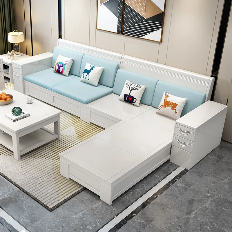 新实木沙发组合中式客厅贵妃转角冬夏两用小户型储物白色沙发轻奢