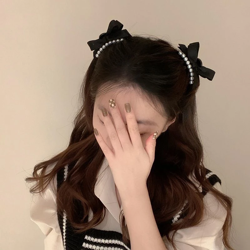 甜美可爱赫本风黑色蝴蝶结珠珠刘海侧边夹双面法式小抓夹头饰发卡