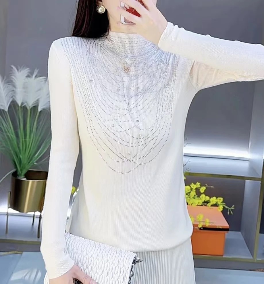 静姐服饰【璀璨星河】2025春季立领镶钻修身白色保暖打底衣9910