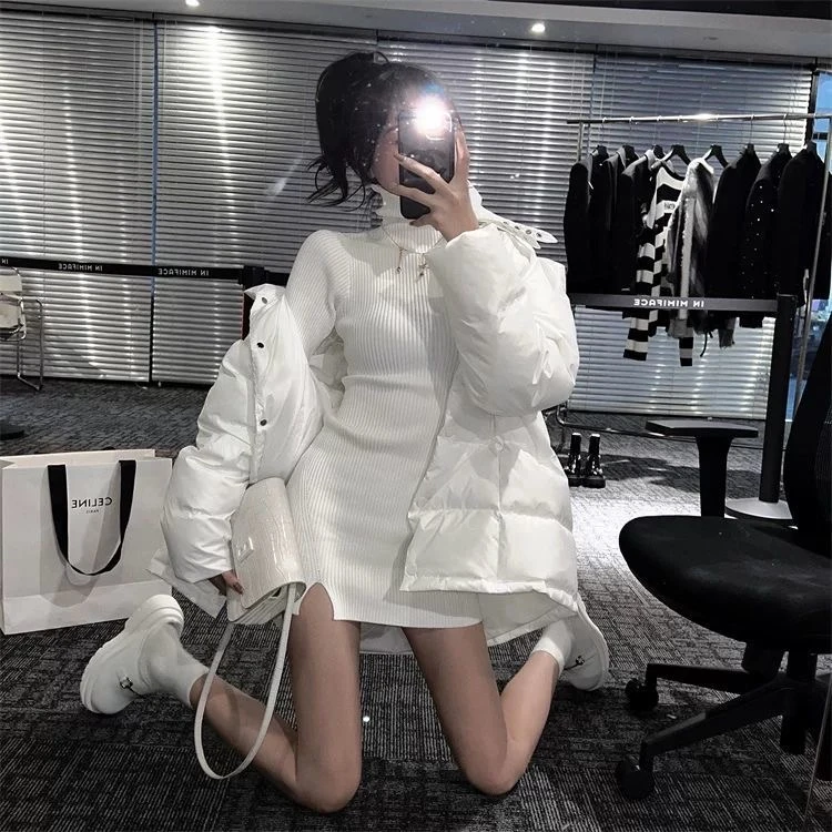 性感辣妹纯欲高领针织连衣裙女设计感开叉紧身包臀内搭打底毛衣裙