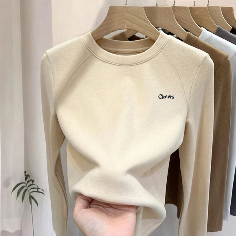 2024新款正肩圆领德绒T恤长袖女秋冬修身显瘦保暖加厚打底衫上衣