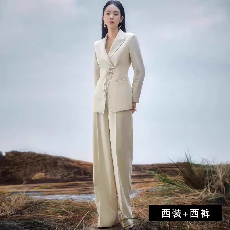 中国风西装套装气质通勤时尚女长袖上衣白色新中式小众轻奢西服