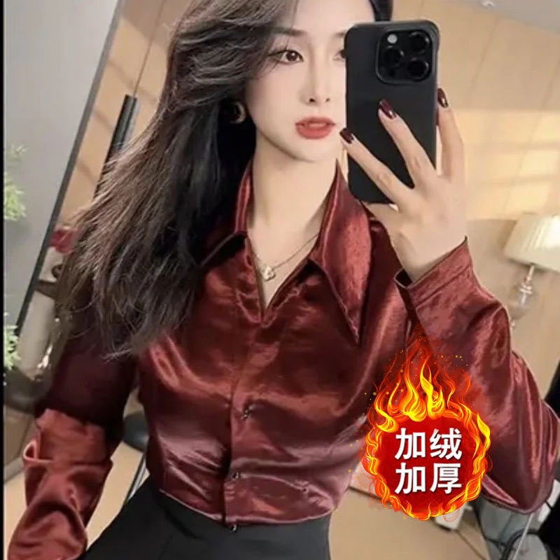 加绒长袖衬衫设计新款高级2024年衬衣气质显瘦上衣女