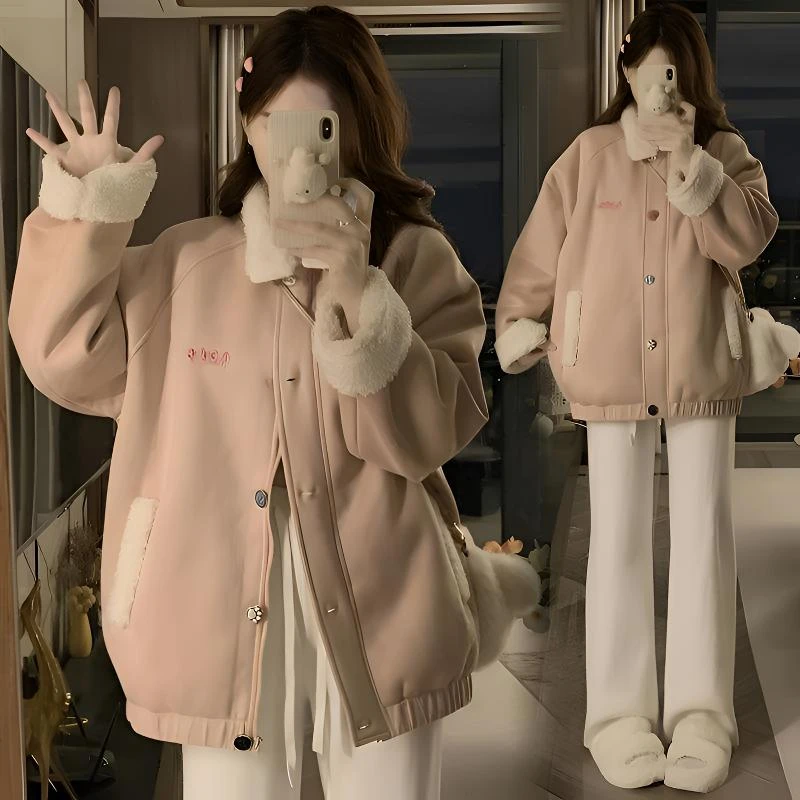 加绒加厚翻领棉外套女冬加厚保暖学院风宽松百搭羊羔绒棉衣棉服潮