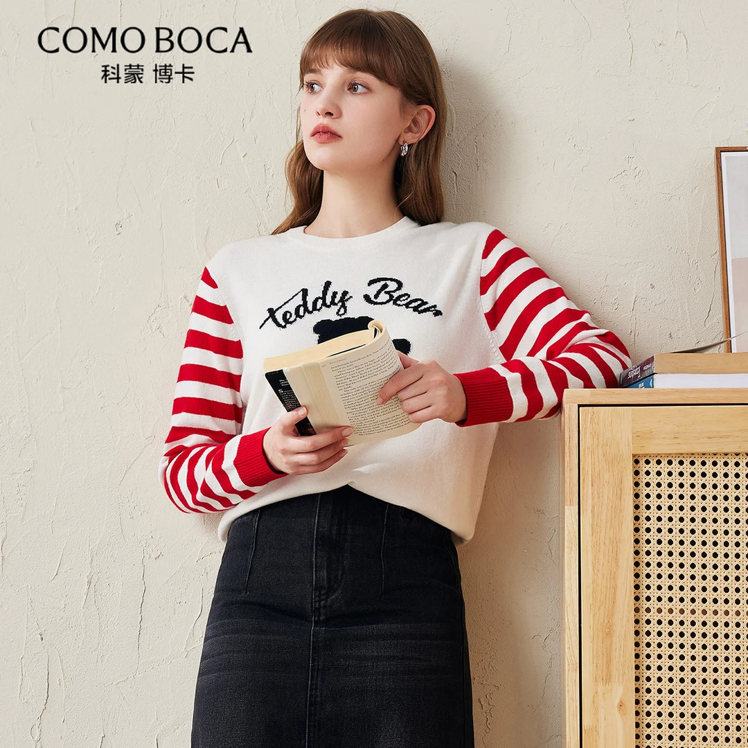 COMOBOCA/科蒙·博卡24秋冬绵羊毛衫女小熊提花针织衫毛衣KSS5216