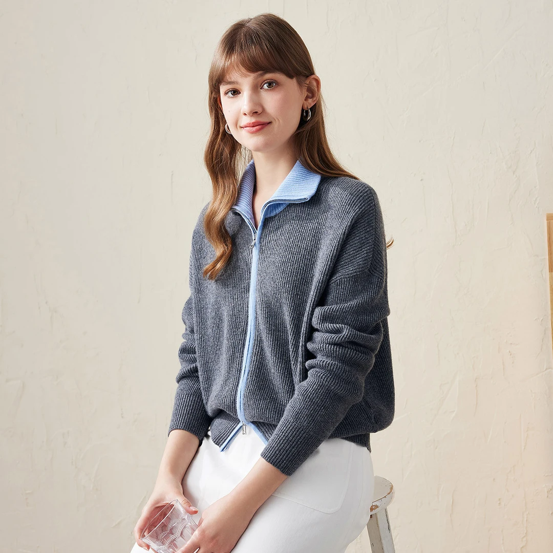 COMOBOCA/科蒙·博卡厚绵羊毛翻领女开衫针织外套拉链毛衣KSS5108