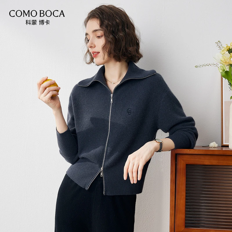 COMOBOCA/科蒙·博卡秋冬时尚翻领立领双拉链纯羊绒开衫女KSR1636