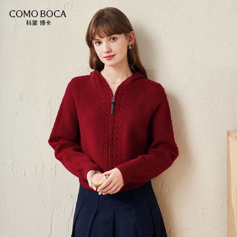 COMOBOCA/科蒙·博卡24新款拉链连帽加厚纯羊毛针织外套KSS1412