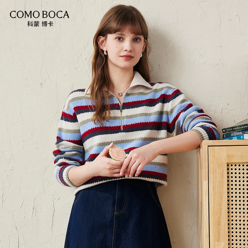 COMOBOCA/科蒙·博卡24秋冬加厚绵羊毛衫条纹拉链毛衣女KSS1440
