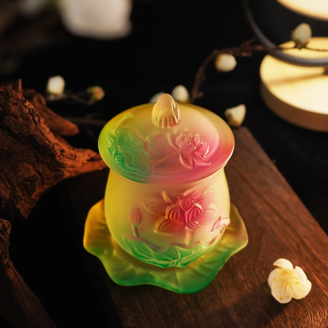 手工琉璃莲花杯供供带底座带盖LLT001
