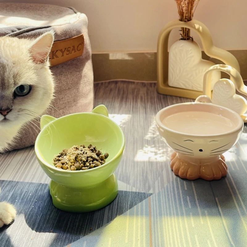 猫碗陶瓷斜口猫咪狗盆宠物用品护颈喝水黑色慢食饭碗粮高脚防打翻