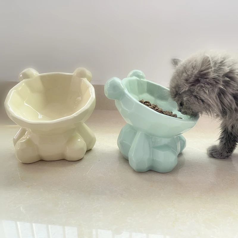 猫碗陶瓷猫咪狗粮宠物用品零食盆黑色高脚斜口保护颈椎大容量口径