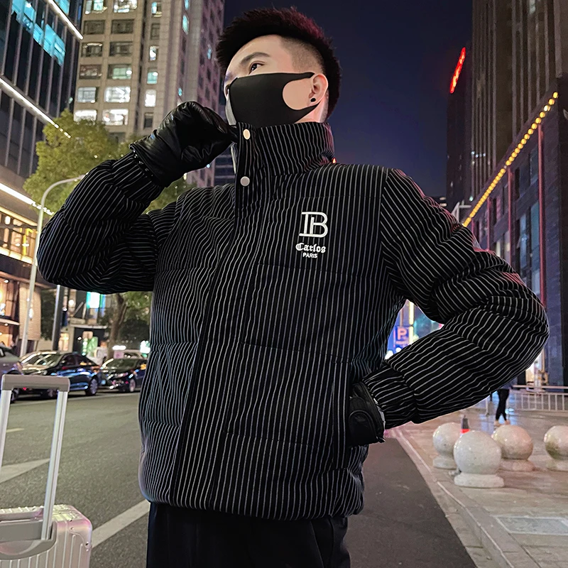 美式潮牌条纹立领棉服男款冬季外套棉袄子男冬装加厚保暖修身棉衣