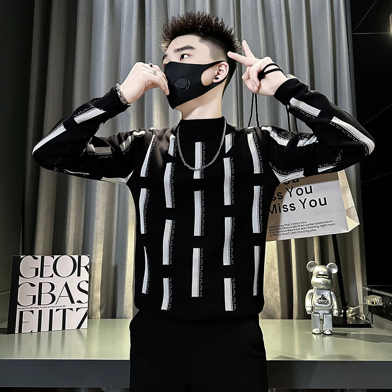 条纹撞色毛衣男款冬季2024新款爆款针织衫男士秋冬装半高领打底衫