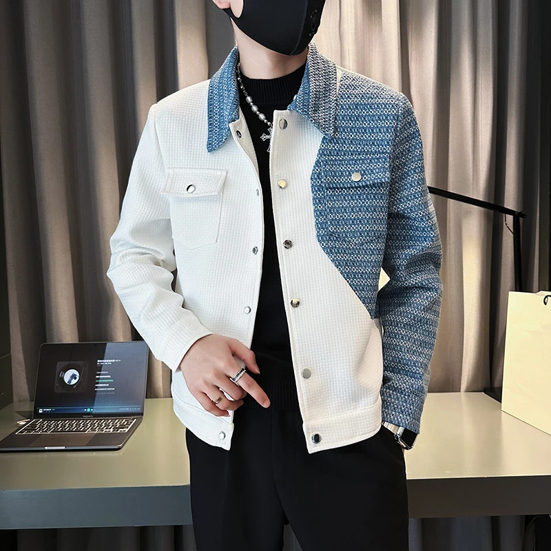 牛仔拼接外套男潮牌高级感春秋新款休闲夹克男翻领秋装轻熟风上衣