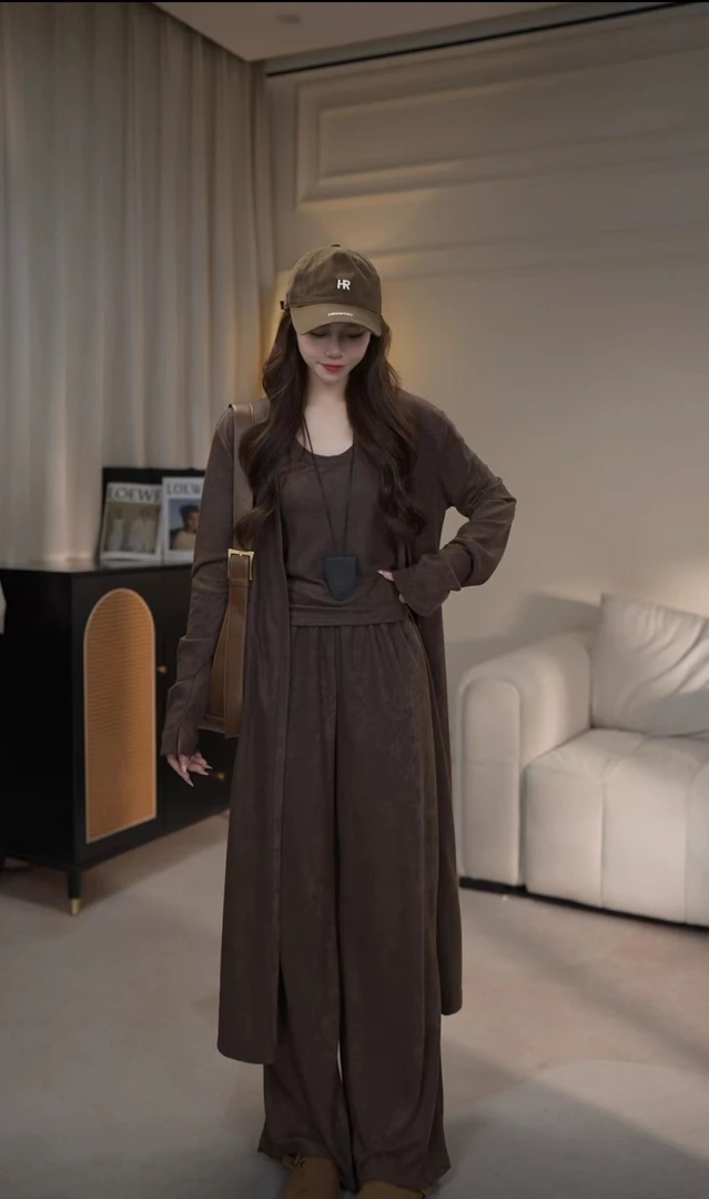 2024早秋新款韩系圆领三件套纯色显瘦长袖中长款套装