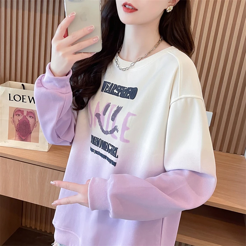 2025新款字母渐变长袖百搭卫衣女小众薄款设计宽松韩版上衣ins潮