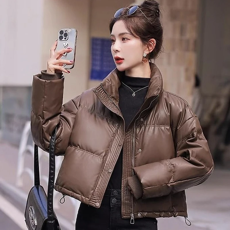 【618】免洗pu皮棉服女冬季年新款宽松加厚防风立领短款外套潮