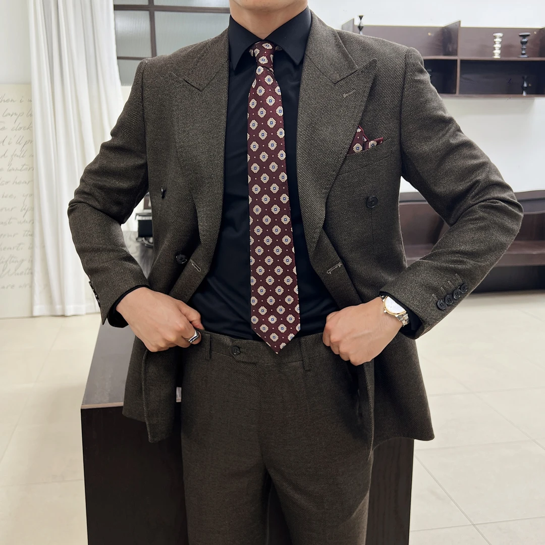 男士修身双排扣西服套装时尚休闲复古结婚商务