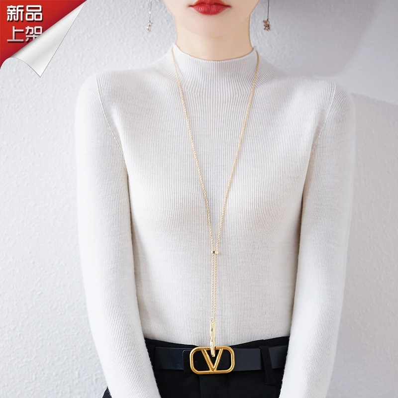 品牌2024秋冬季新款半高领纯色长袖羊毛衫女简约百搭休闲打底衫