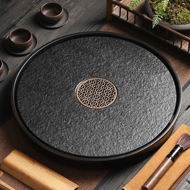 2025新款圆形乌金石茶盘家用陶瓷储水排水式干泡台茶杯沥水茶托盘