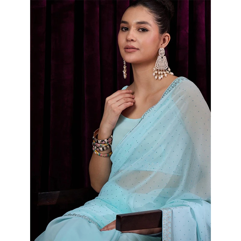 天蓝高级气质印度纱丽乔其纱带钻显瘦清新减龄素雅唯美异域女裹裙