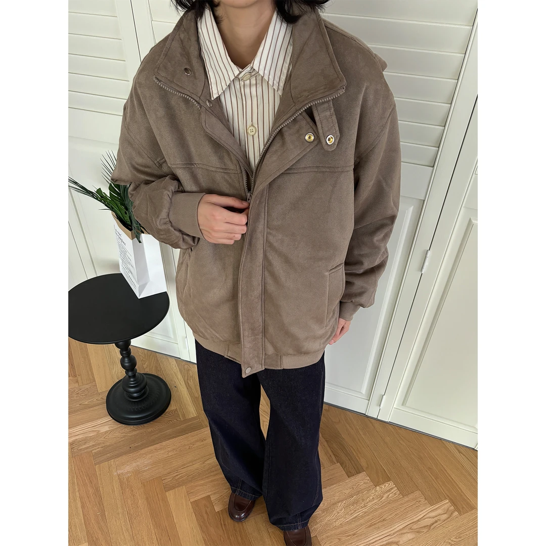 SAMEUOO散养文化秋冬棉服女男美式复古美拉德纯色立领麂皮绒外套