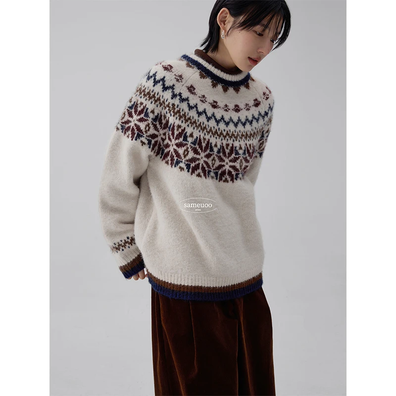 散养文化sameuoo费尔岛2025新年毛衣提花针织圆领加厚保暖
