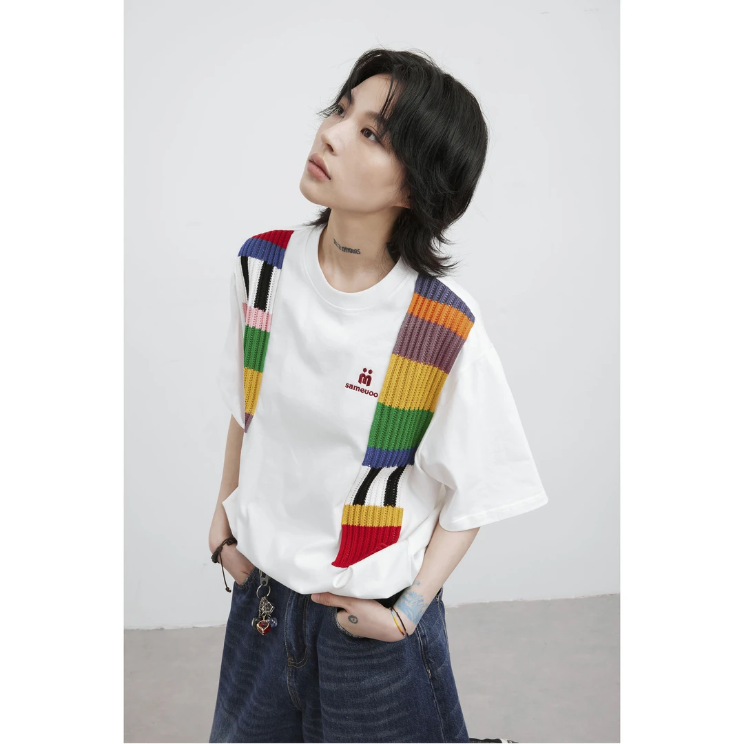 散养文化sameuoo彩虹毛织左胸平绣T恤夏季情侣撞色拼接短袖上衣