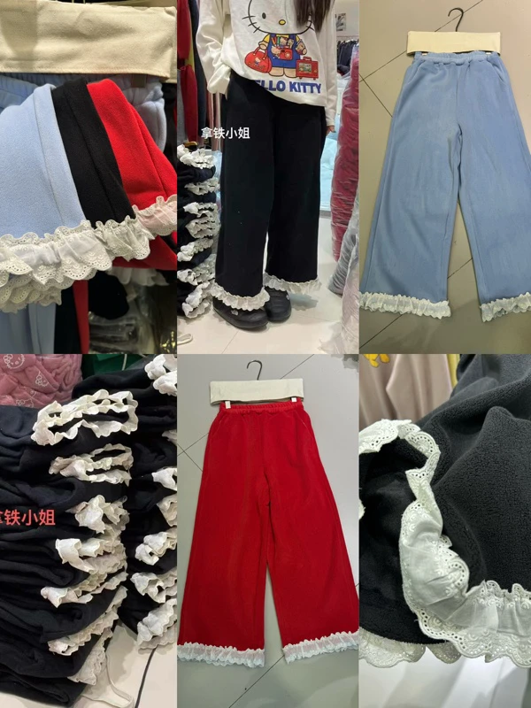 2024冬季新款洋气设计感花边颗粒绒阔腿裤女休闲显瘦松紧腰长裤潮