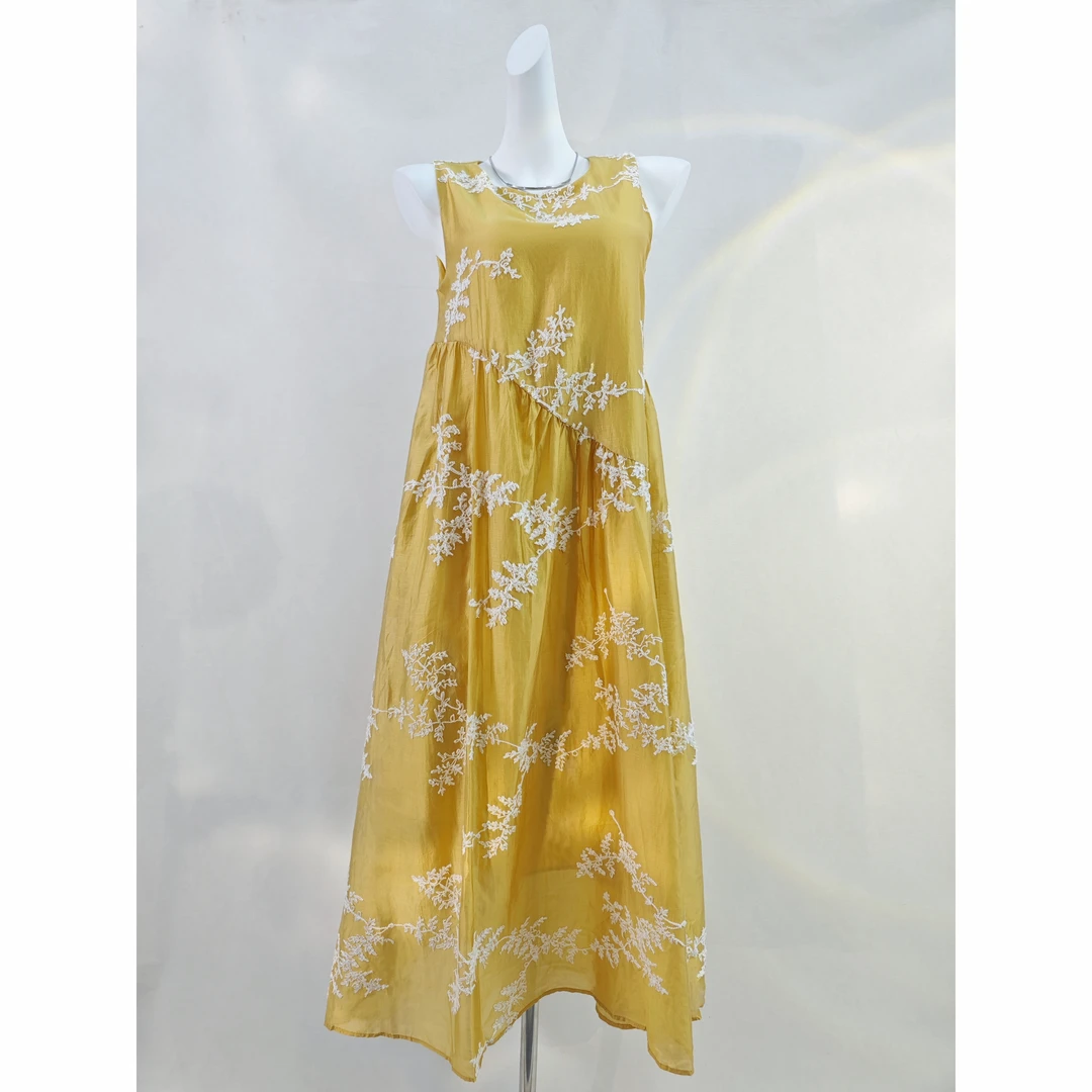 【妮妮专属】夏季新款碳黑色绣花无袖连衣裙L2450