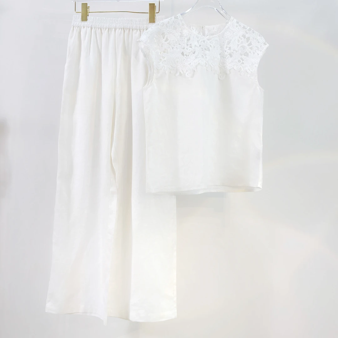 【清】夏季新款亚麻宽松休闲肩部镂空短袖套装W04017