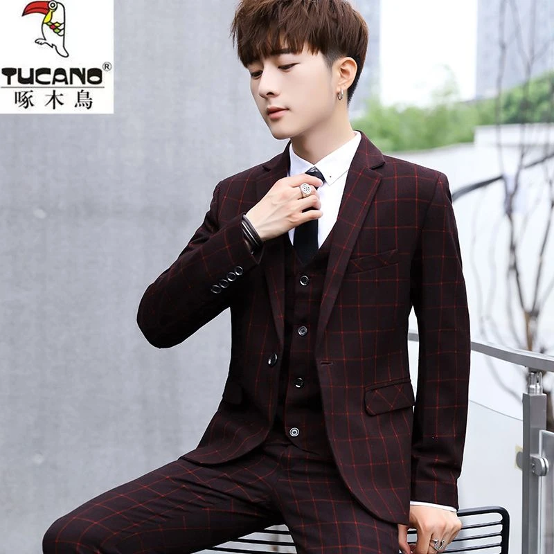 啄/木/鸟西服套装男韩版修身西装男三件套休闲帅气格子西服新郎礼