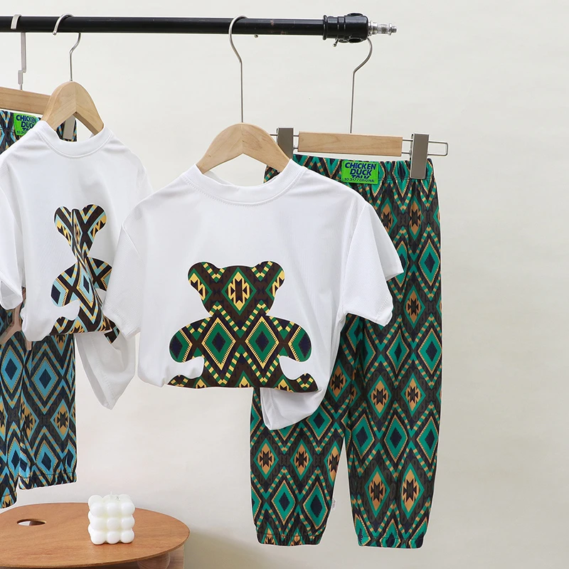 夏季童装儿童短袖T恤男宝女宝卡通T恤+防蚊裤两件套1666