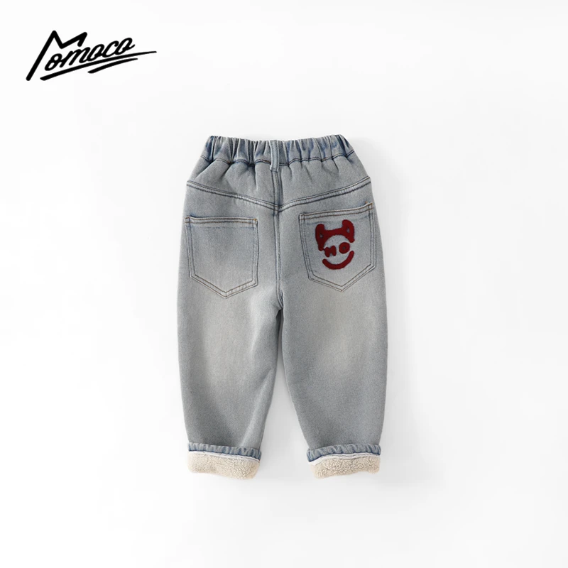 MOMOCO冬季新款男童韩版休闲加绒小牛头标牛仔裤75430350040