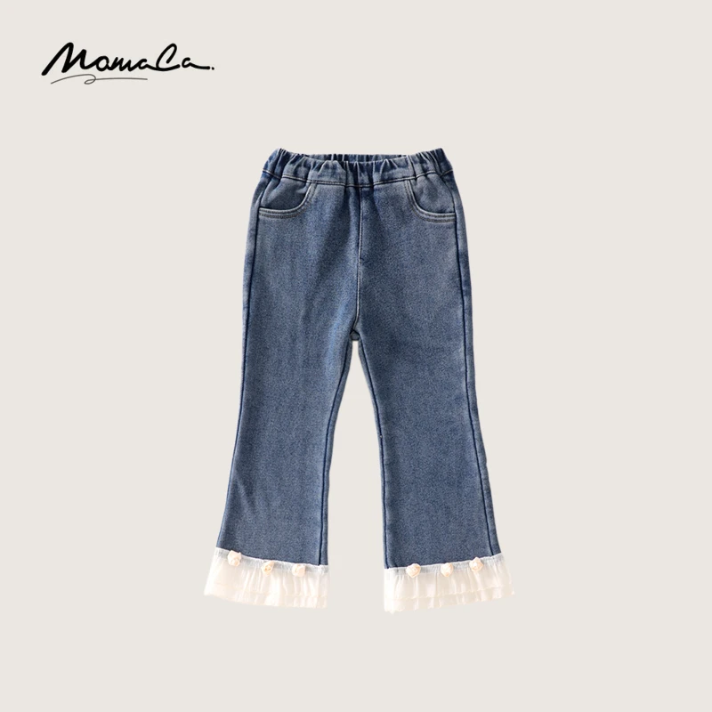 MOMOCO冬季新款女童复古甜美花边加绒牛仔裤75830350018