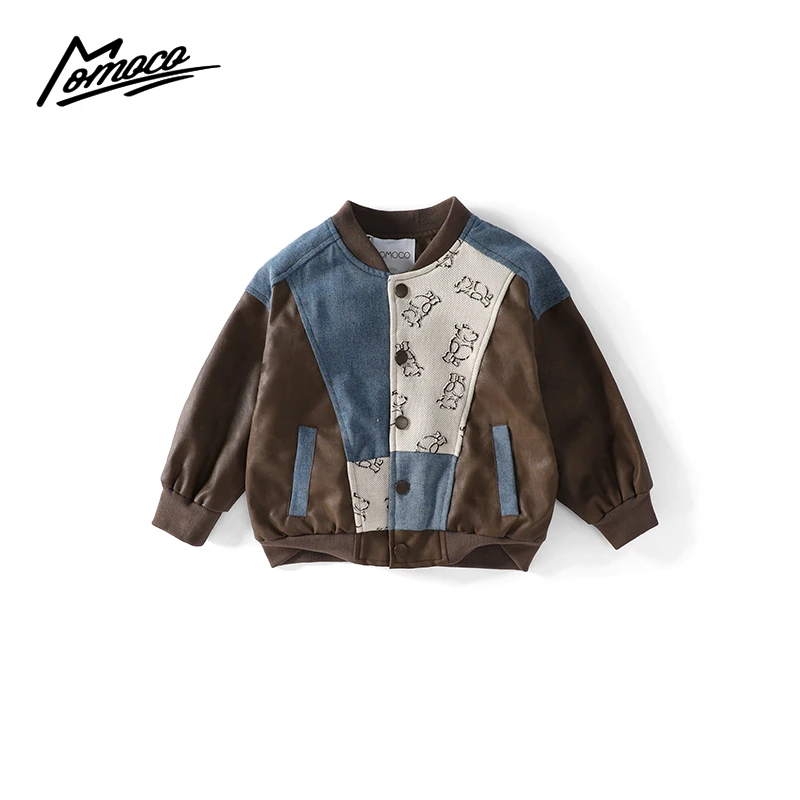 MOMOCO春秋男童趣味小熊撞色字母时尚拼接皮衣75330105001