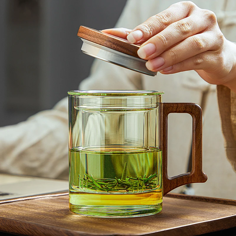 高档耐热透明玻璃泡茶杯茶水分离水杯男士绿茶杯大容量茶水杯带盖