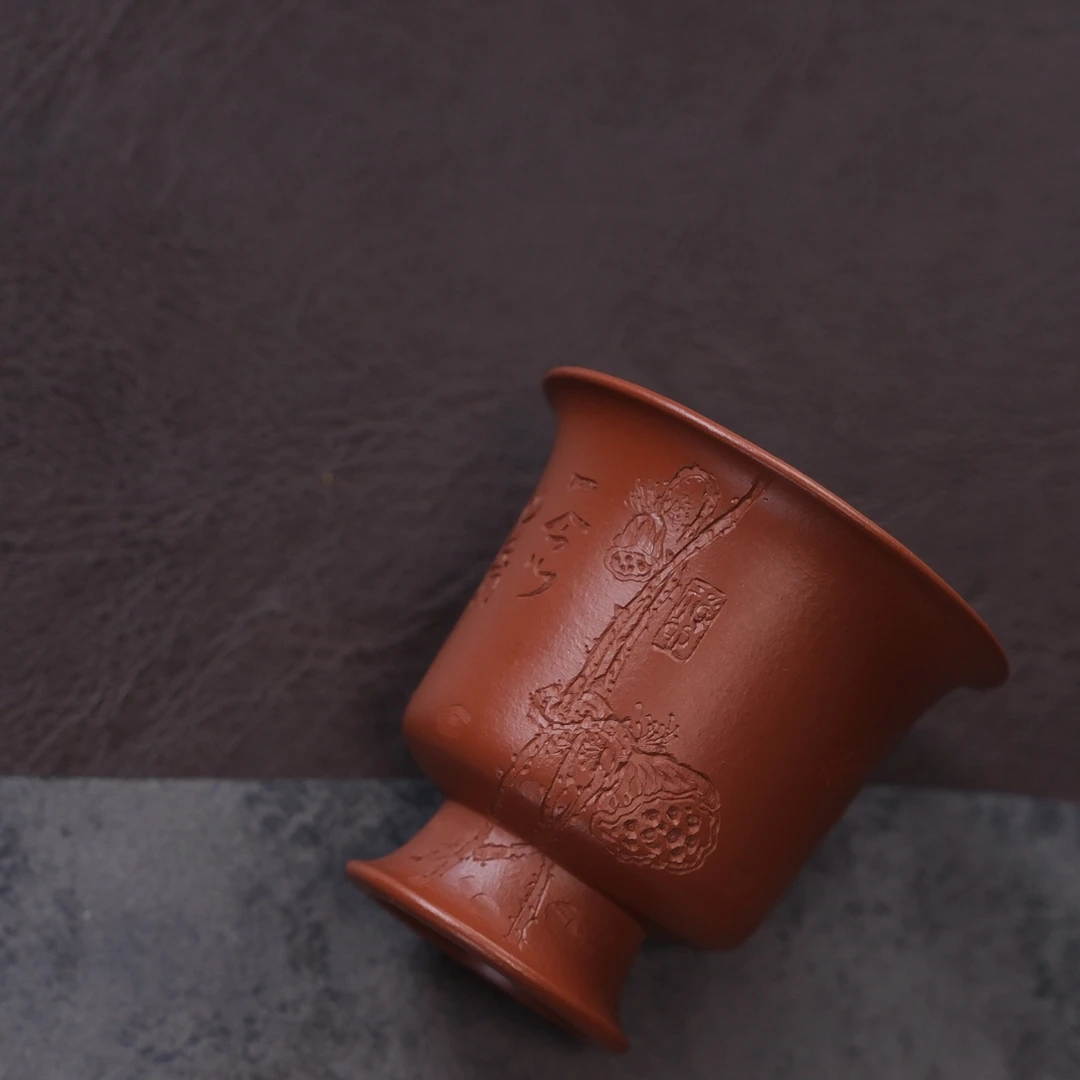 杯子铺 朱泥 高足杯 慧石刻绘莲蓬 主人杯高端精品