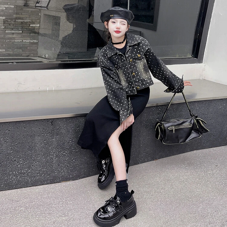 2024年最新款韩系扎染脏脏波点牛仔外套背心针织连衣裙套装