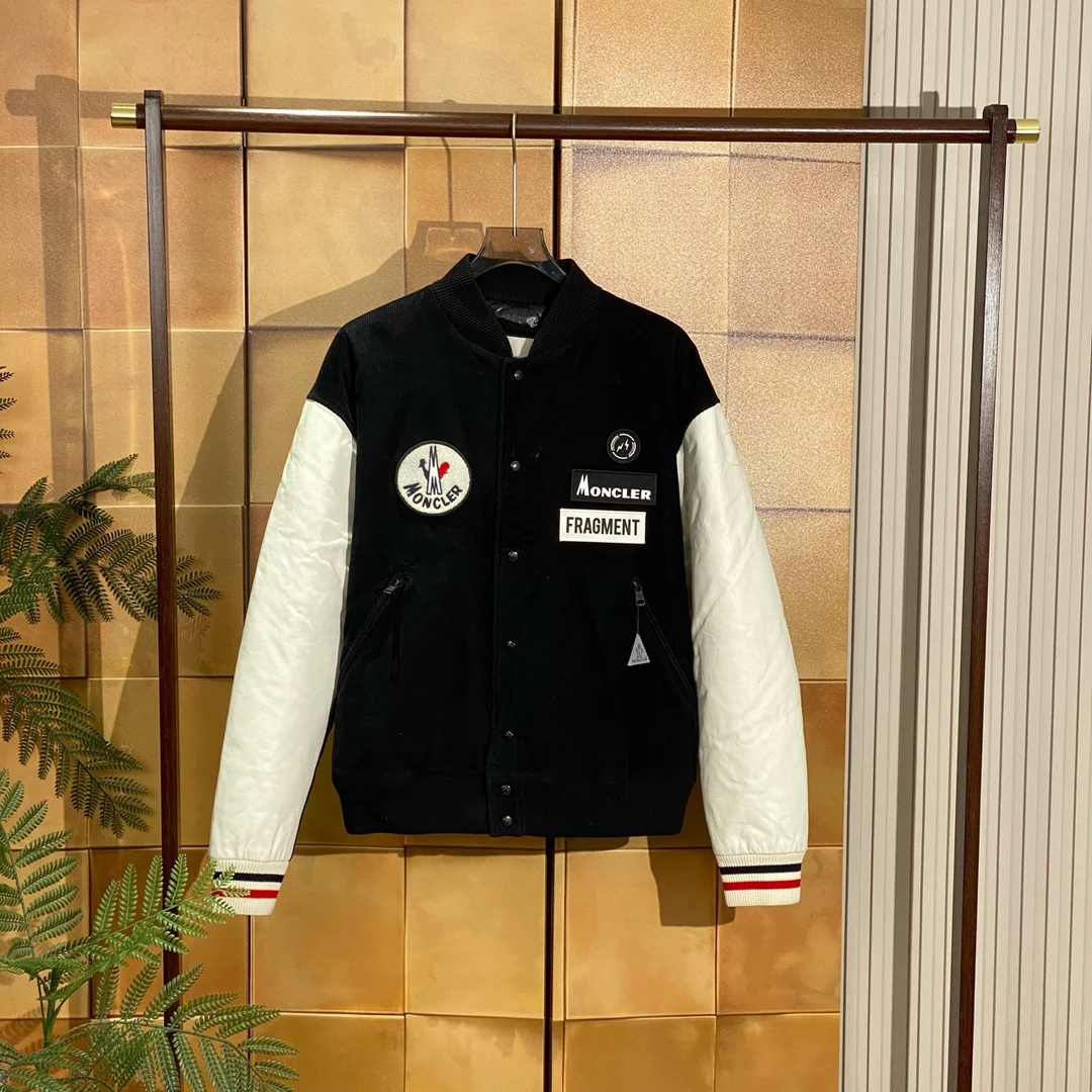 Moncler藤原浩联名深蓝白皮袖拼接徽标Logo夹克棒球/4码99新25505