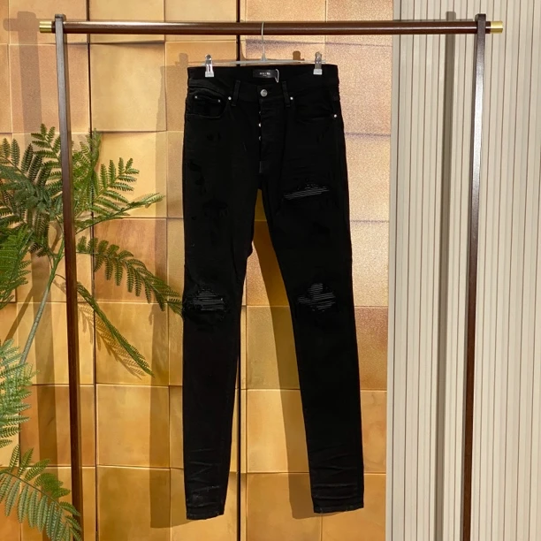 Amiri Mx1黑色拼皮破坏牛仔裤/31码/99新/25115