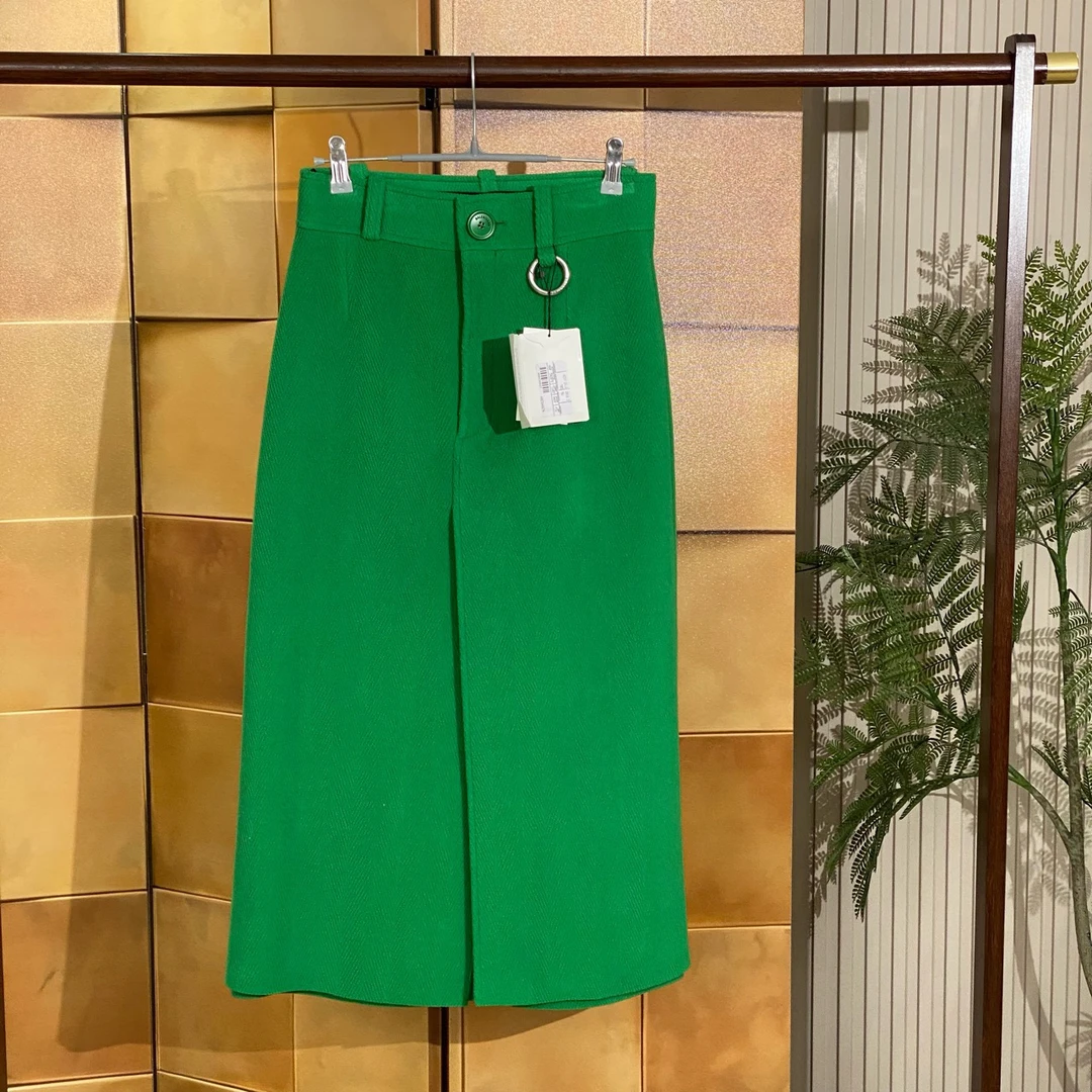 Balenciaga绿色暗条纹毛呢开衩半裙/36码/全新原吊/41125