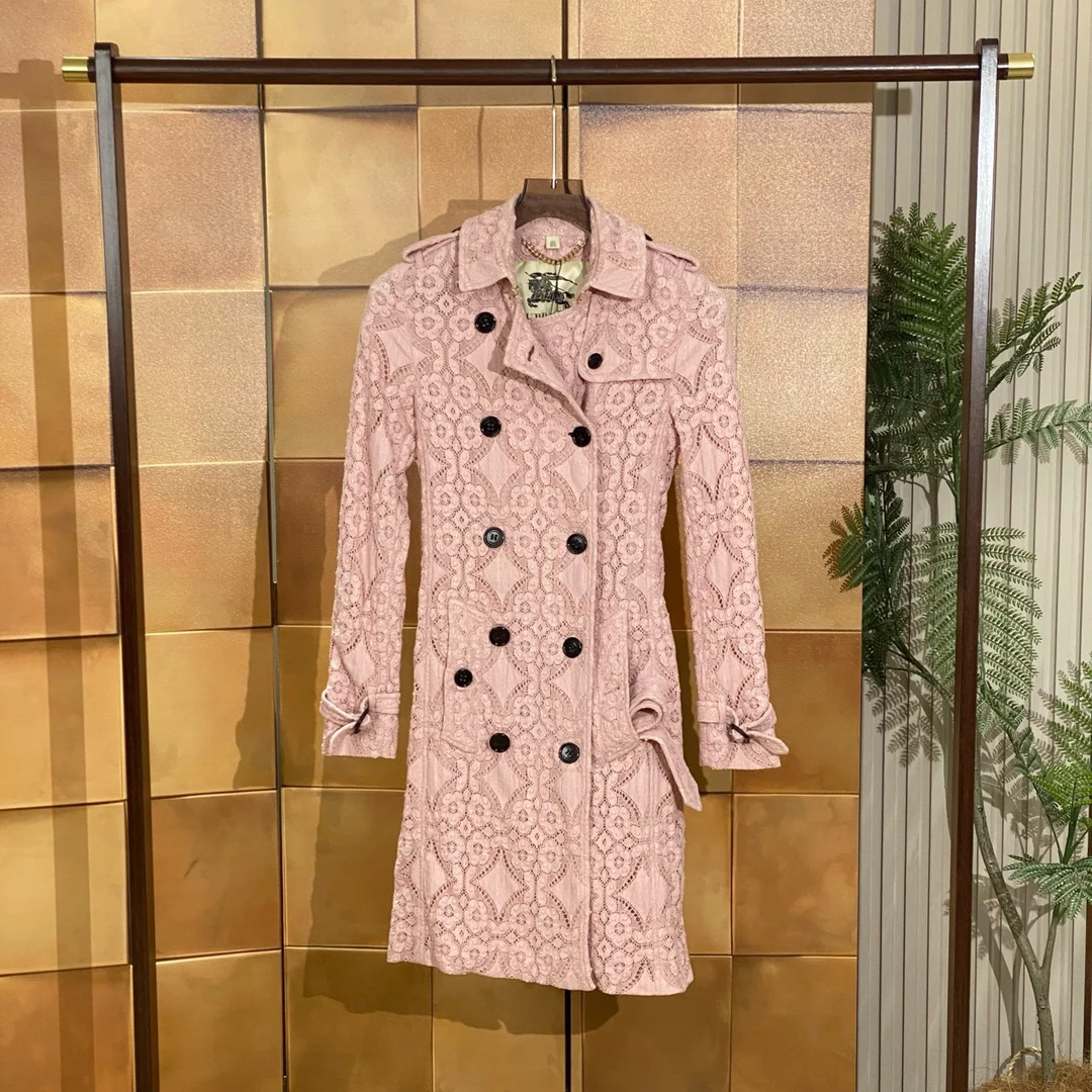 Burberry粉色镂空花卉双排扣系腰带风衣/34码/98新/女24887