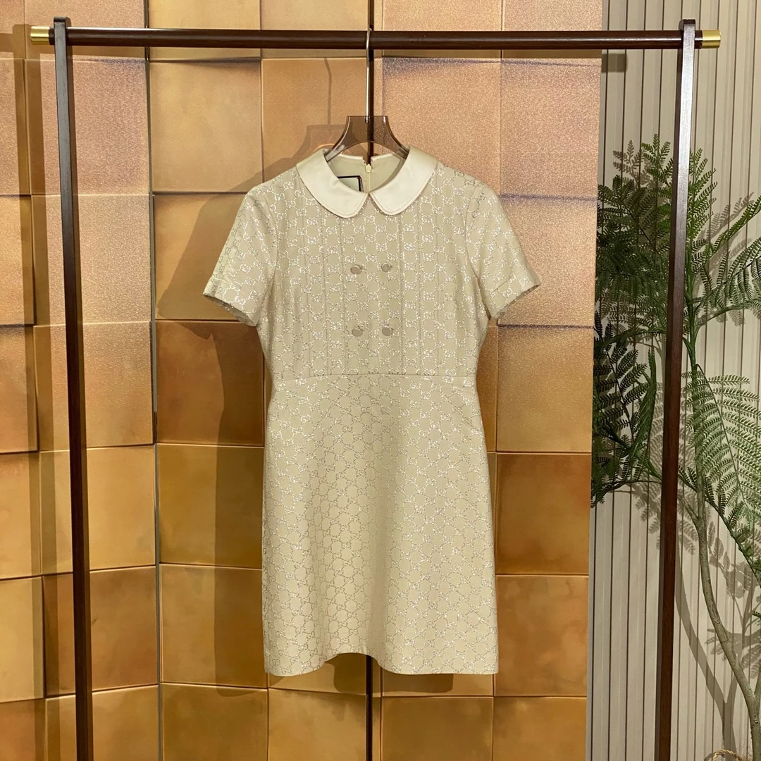 Gucci 银丝老花满印娃娃领连衣裙/38码/全新原吊 公价3w/女20266