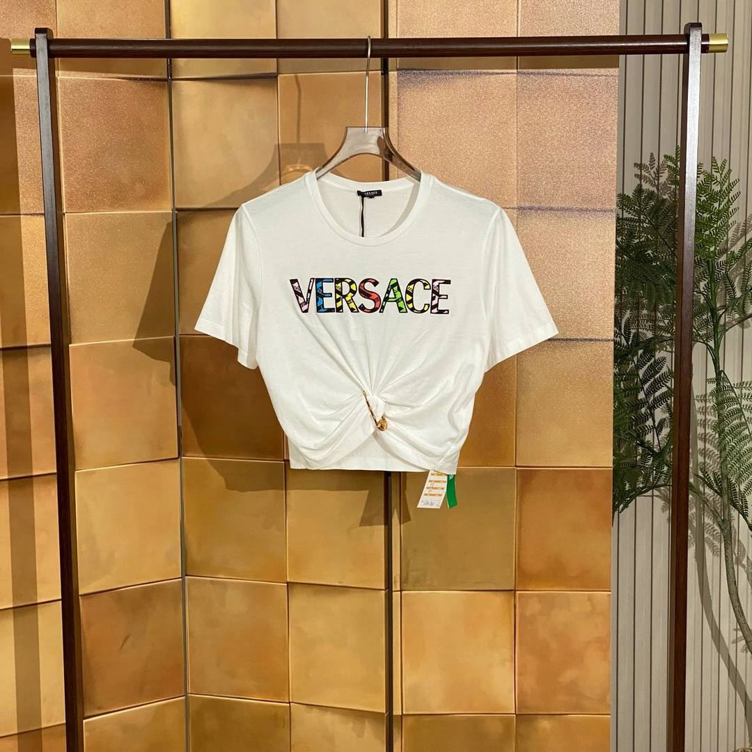 Versace 彩色刺绣字母logo别针短袖/40码/全新原吊/女42441