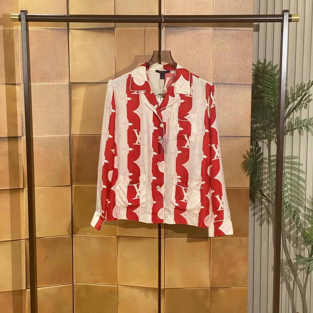 Louis Vuitton Lv桑蚕丝红色条纹三花满印衬衫/36码/98新/女24356